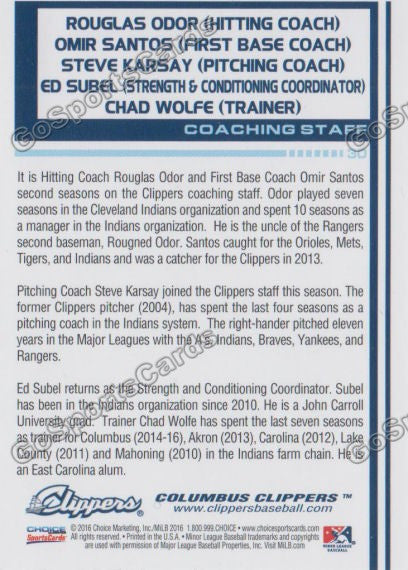 2016 Columbus Clippers Rouglas Odor Omir Santos Steve Karsay Ed Subel Chad Wolfe Back of Card