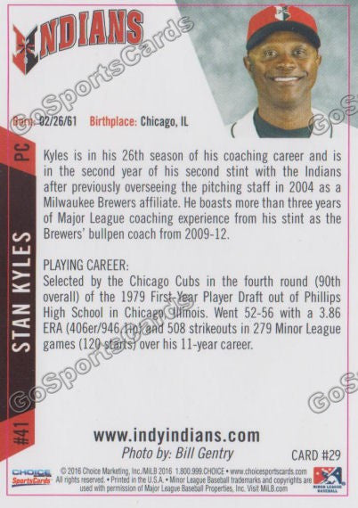 2016 Indianapolis Indians Stan Kyles Back of Card