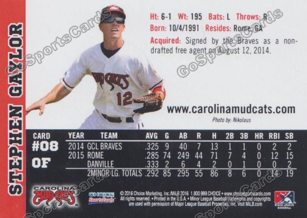 2016 Carolina MudCats Stephen Gaylor Back of Card