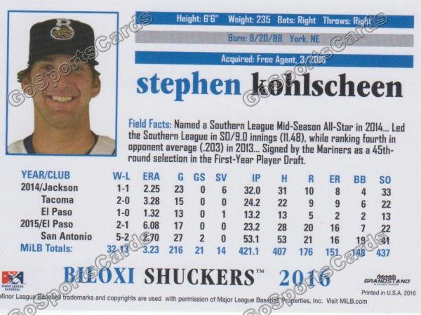 2016 Biloxi Shuckers Stephen Kohlscheen Back of Card