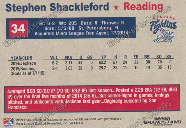 2015 Reading Fightin Phils Update Stephen Shackleford  Back of Card