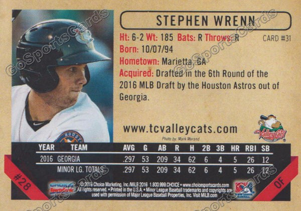 2016 Tri City ValleyCats Stephen Wrenn Back of Card