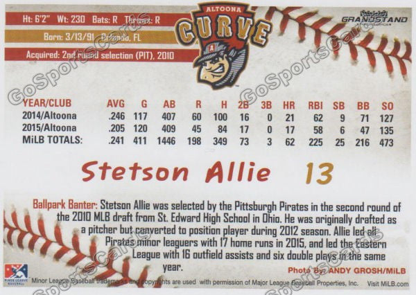 2016 Altoona Curve Stetson Allie Back of Card