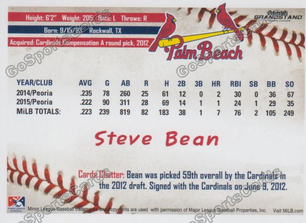 2016 Palm Beach Cardinals Steve Bean  Back of Card