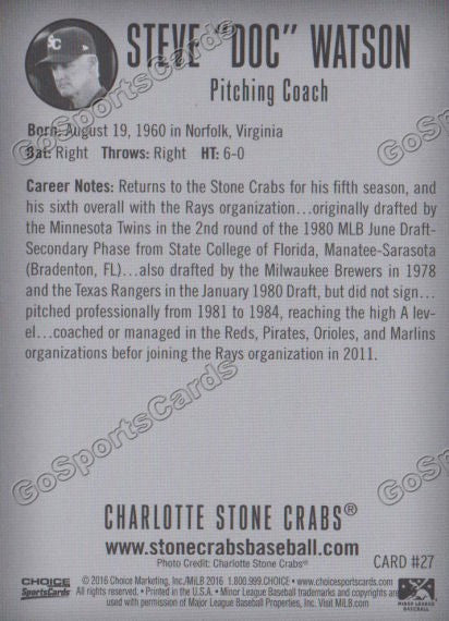 2016 Charlotte Stone Crabs Steve Doc Watson Back of Card