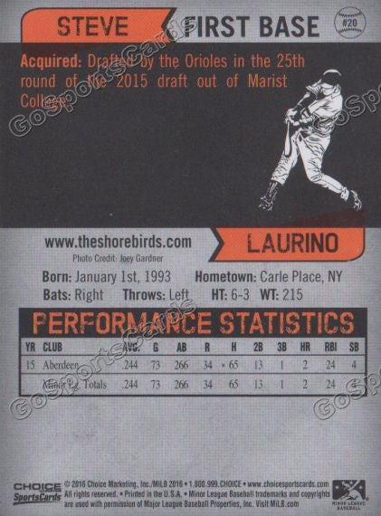 2016 Delmarva Shorebirds Steve Laurino  Back of Card