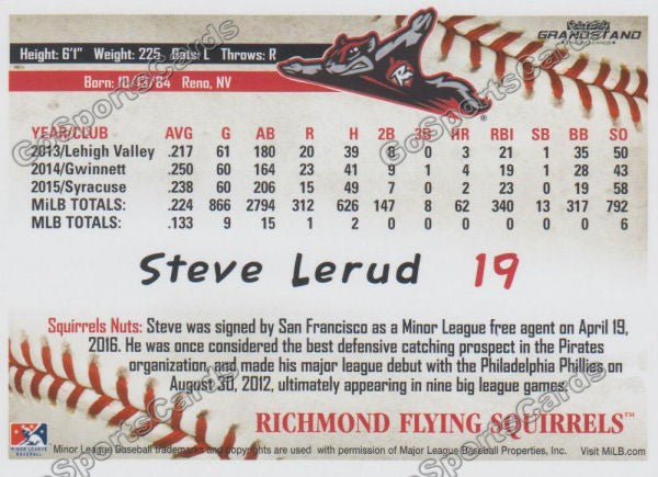 2016 Richmond Flying Squirrels Steven Steve Lerud Back of Card