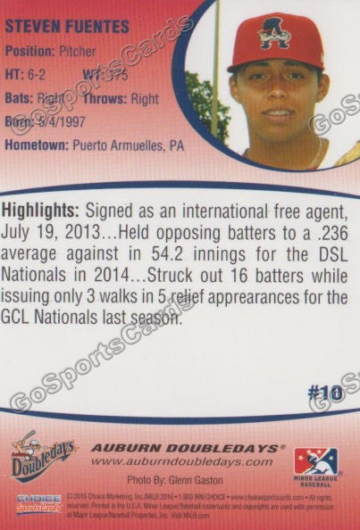 2016 Auburn Doubledays Steven Fuentes Back of Card