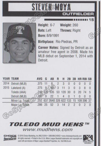 2016 Toledo Mud Hens Steven Moya Back of Card