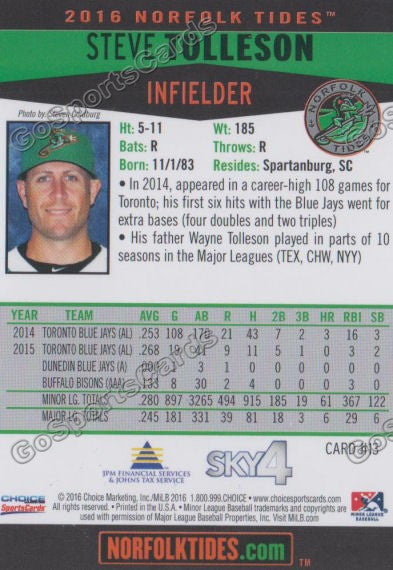 2016 Norfolk Tides Steve Tolleson Back of Card