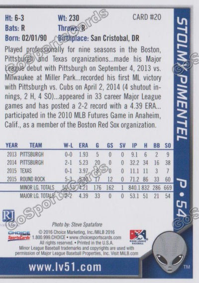 2016 Las Vegas 51s Stolmy Pimentel  Back of Card
