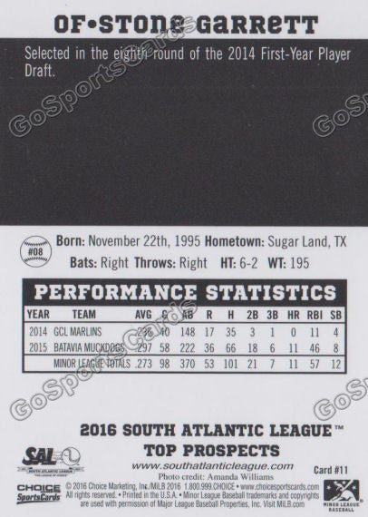 2016 South Atlantic League Top Prospect Stone Garrett  Back of Card