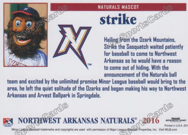 2016 Northwest Arkansas Naturals Strike Mascot  Back of Card
