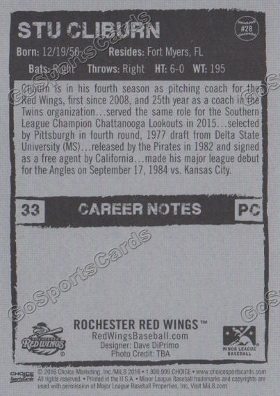 2016 Rochester Red Wings Stu Cliburn Back of Card