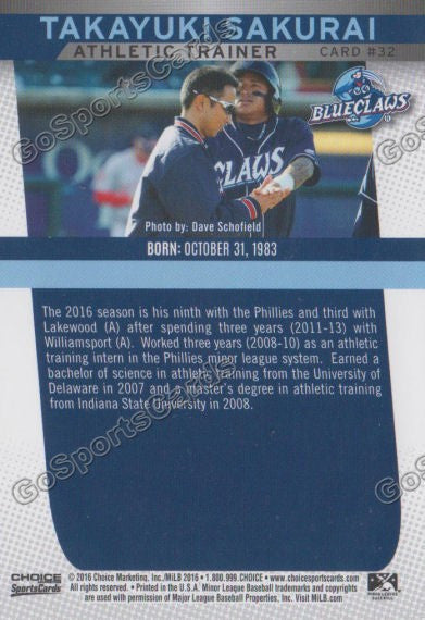2016 Lakewood BlueClaws Takayuki Sakurai Back of Card