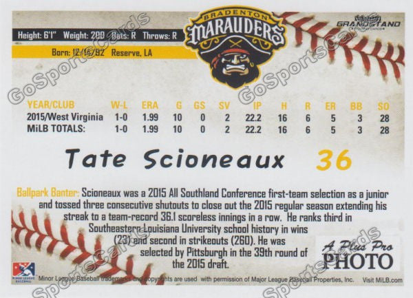 2016 Bradenton Marauders Tate Scioneaux Back of Card