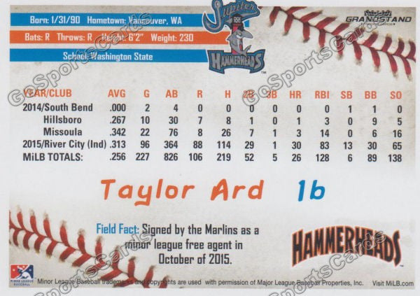 2016 Jupiter Hammerheads Taylor Ard  Back of Card