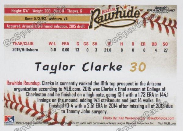 2016 Visalia Rawhide Taylor Clarke Back of Card