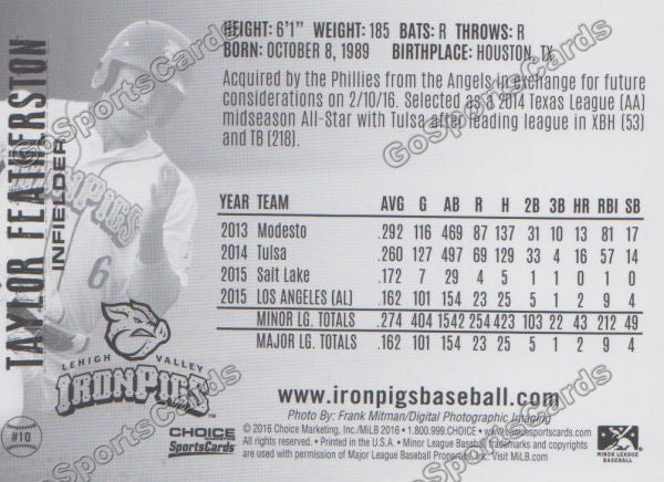 2016 Lehigh Valley IronPigs Taylor Featherston Back of Card