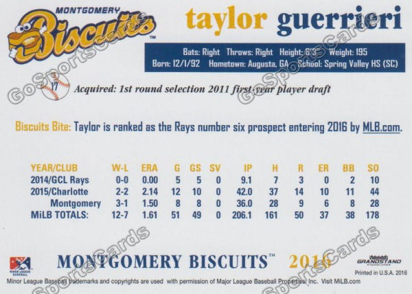 2016 Montgomery Biscuits Taylor Guerrieri  Back of Card