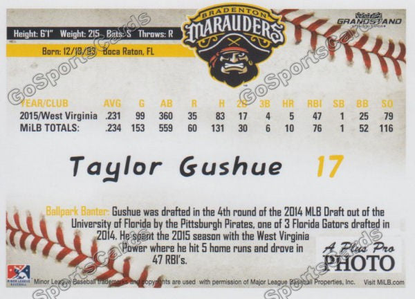 2016 Bradenton Marauders Taylor Gushue Back of Card
