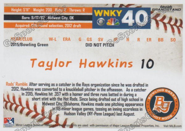 2016 Bowling Green Hot Rods Taylor Hawkins Back of Card