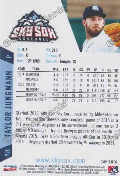 2016 Colorado Springs Sky Sox Taylor Jungman Back of Card