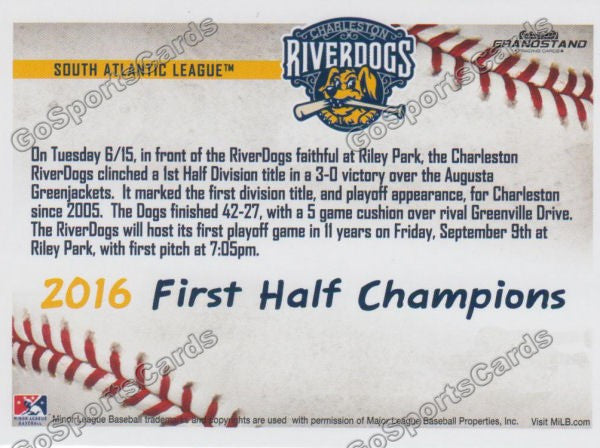 2016 Charleston RiverDogs 1st Half Champions Team Photo Back of Card