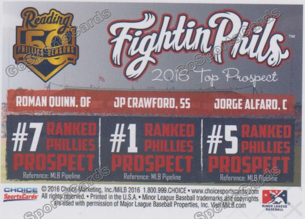 2016 Reading Fightin Phils Top Prospect 11 JP Crawford Jorge Alfaro Roman Quinn  Back of Card
