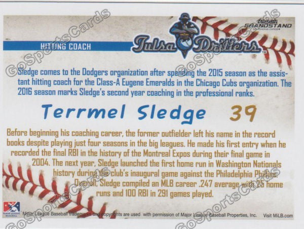 2016 Tulsa Drillers Terrmel Sledge Back of Card
