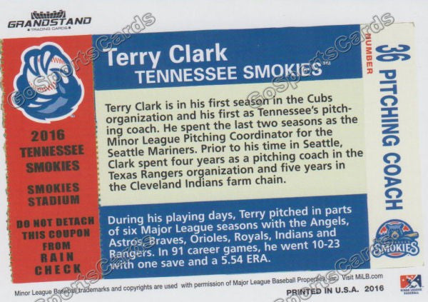 2016 Tennessee Smokies Terry Clark Back of Card