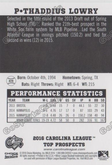 2016 Carolina League Top Prospect Thaddius Lowry Back of Card