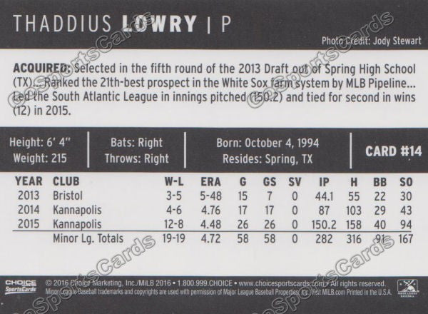 2016 Winston Salem Dash Thaddius Lowry Back of Card
