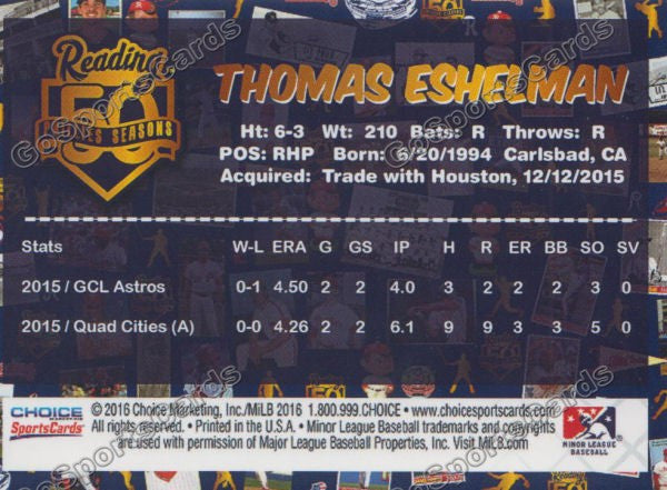 2016 Reading Fightin Phils Top Prospect 25 Thomas Tom Eshelman  Back of Card