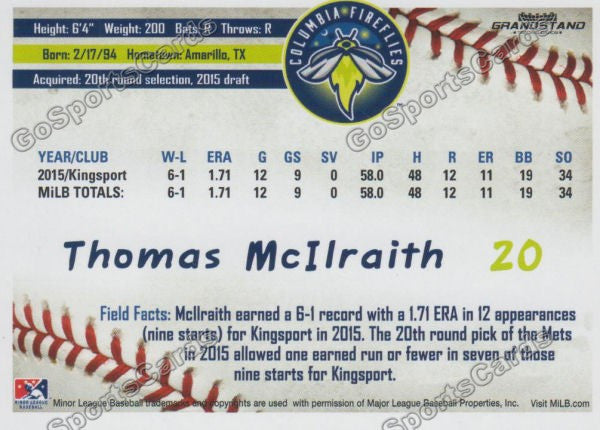 2016 Columbia Fireflies Thomas McIlraith Back of Card
