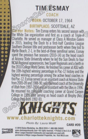 2016 Charlotte Knights Tim Esmay Back of Card