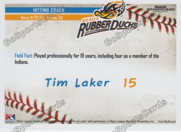 2016 Akron Aeros Tim Laker Back of Card