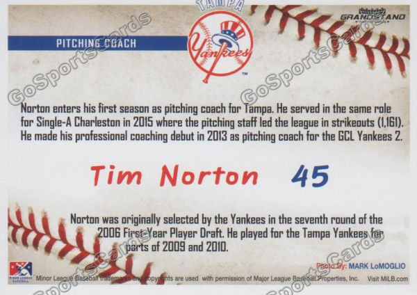 2016 Tampa Yankees Tim Norton Back of Card