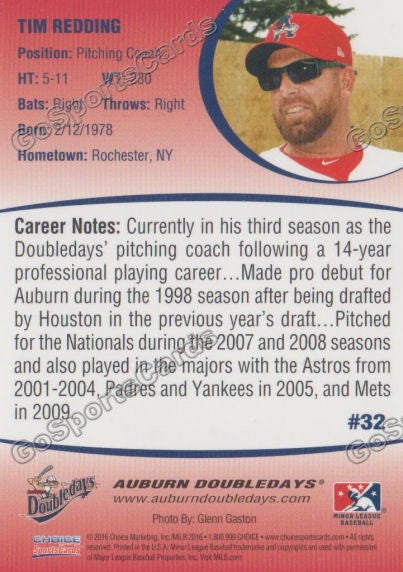 2016 Auburn Doubledays Tim Redding Back of Card