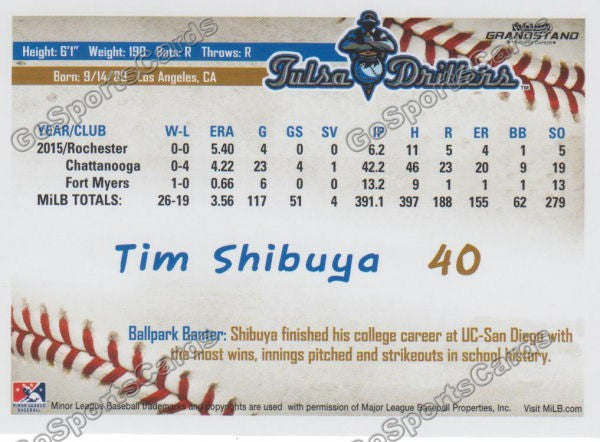 2016 Tulsa Drillers Tim Shibuya Back of Card
