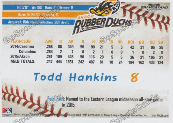 2016 Akron Aeros Todd Hankins Back of Card