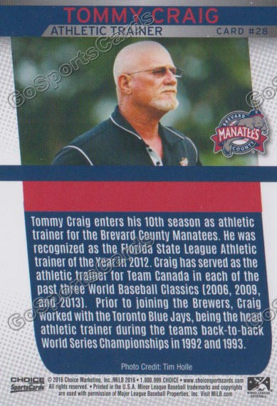 2016 Brevard County Manatees Tommy Craig Back of Card