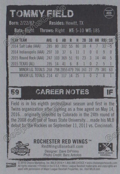 2016 Rochester Red Wings Tommy Field Back of Card