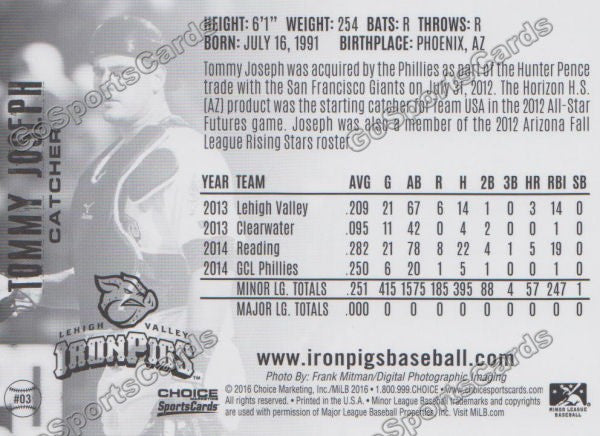 2016 Lehigh Valley IronPigs Tommy Joseph Back of Card