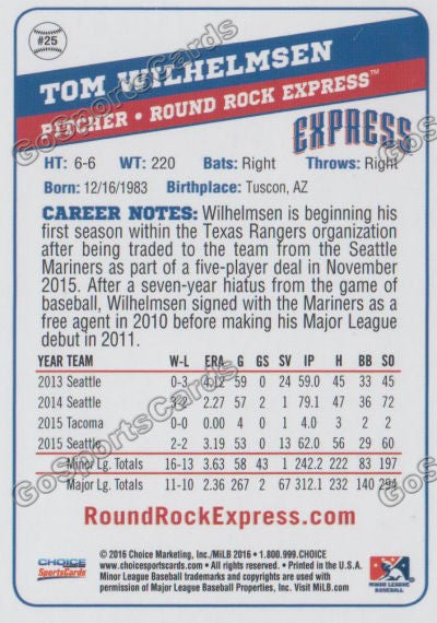 2016 Round Rock Express Tom Wilhelmsen Back of Card