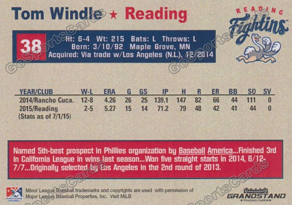 2015 Reading Fightin Phils Update Tom Windle  Back of Card