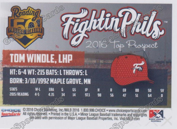 2016 Reading Fightin Phils Top Prospect 11 Tom Windle  Back of Card