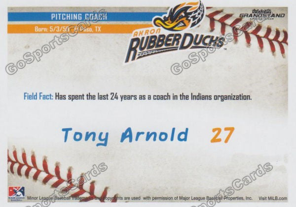 2016 Akron Aeros Tony Arnold Back of Card