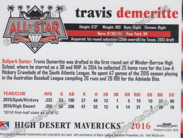 2016 California League All Star Travis Demeritte Back of Card
