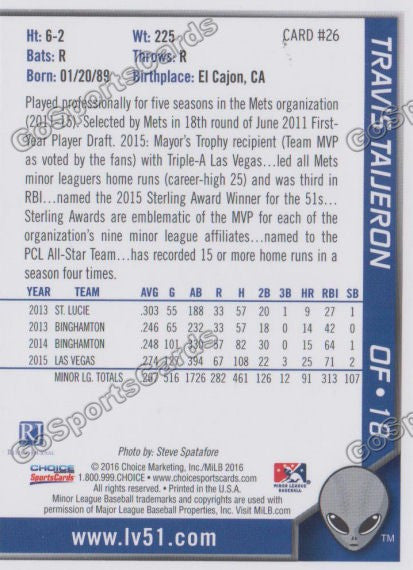 2016 Las Vegas 51s Travis Taijeron  Back of Card